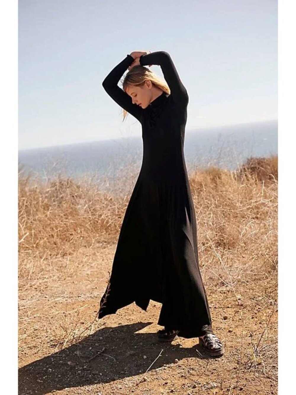 Free People Pescado Maxi Dress Tight Knit Long Sleeve. Modest Black Medium